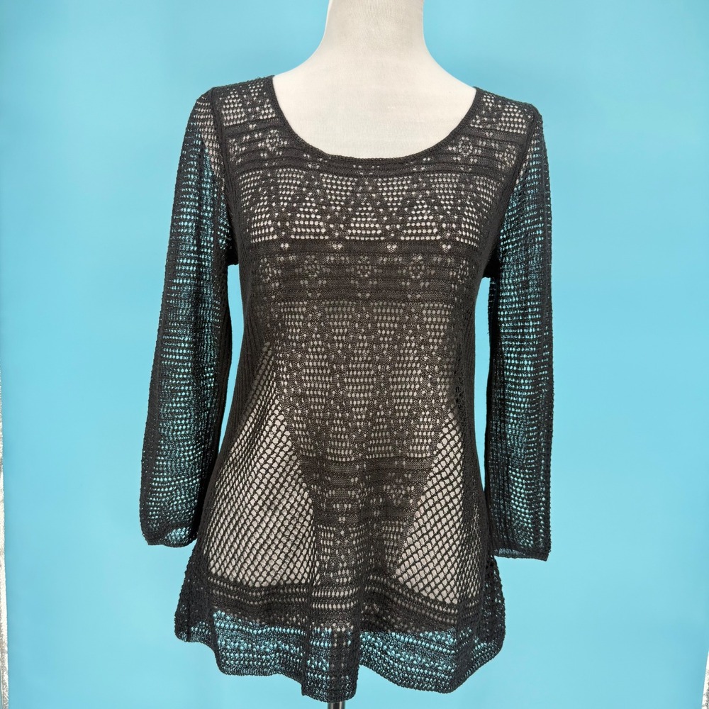 NIC+ZOE Black Crochet Linen Blend Open Knit‎ 3/4 Sleeve Top XS Resort Wear